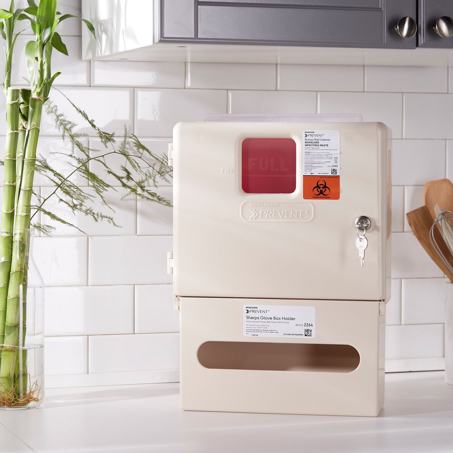 McKesson Prevent® Sharps Wall Cabinet with Glove Box, 12¼ x 4¾ x 15 Inch 2265