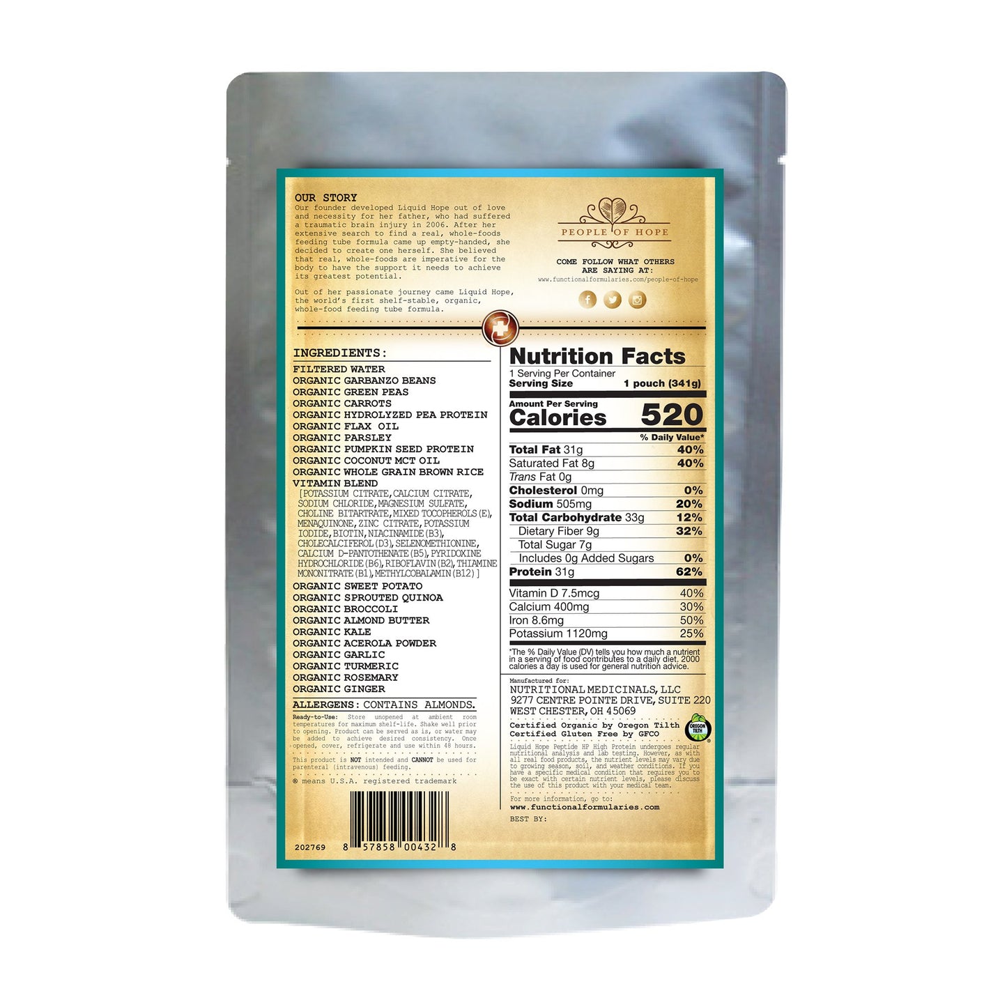 Oral Supplement Liquid Hope® Peptide HP Formula Unflavored Liquid 12 oz. Pouch 212503