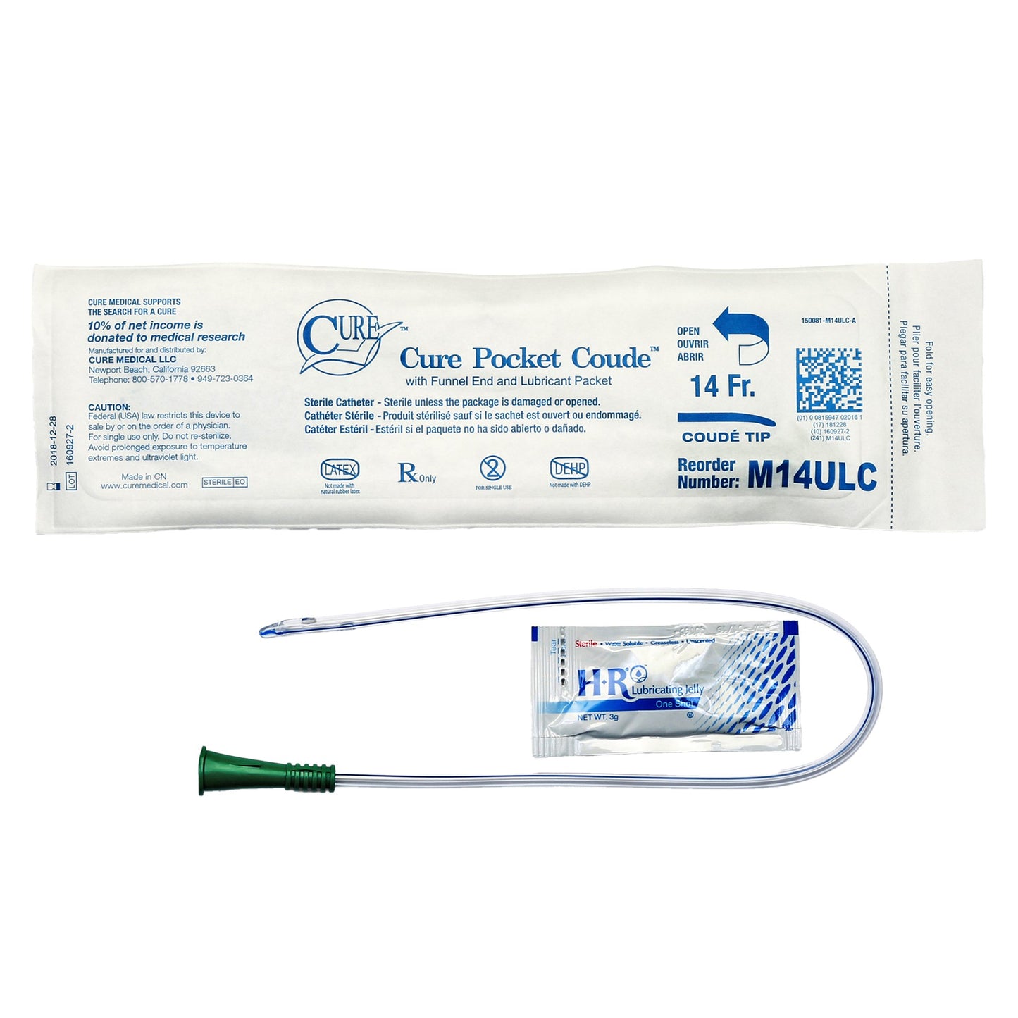 Cure Medical Cure Pocket Cath Urethral Catheter, 14 Fr. M14ULC, 1 Each