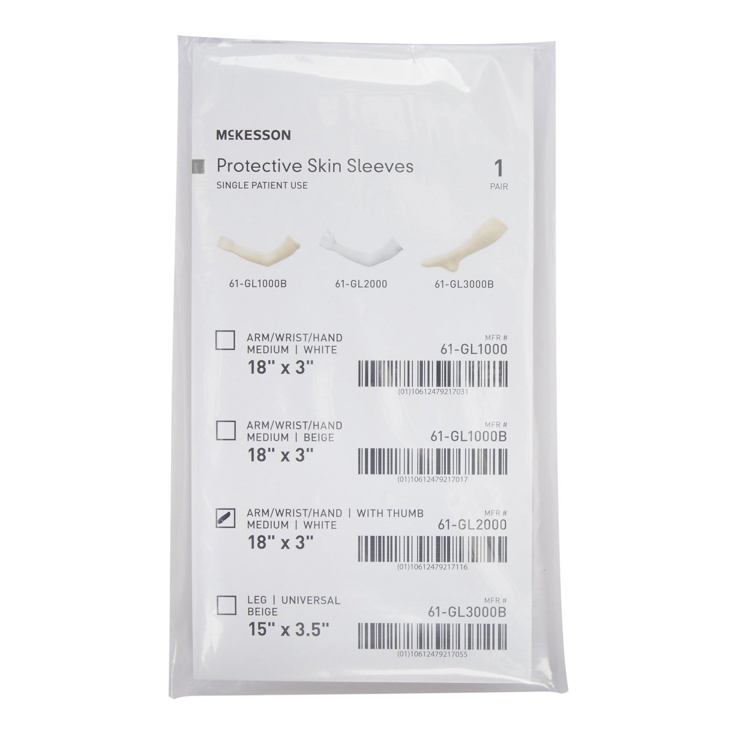 McKesson Protective Skin Sleeve, Arm/Wrist/Hand, with Thumb, Medium, White 61-GL2000