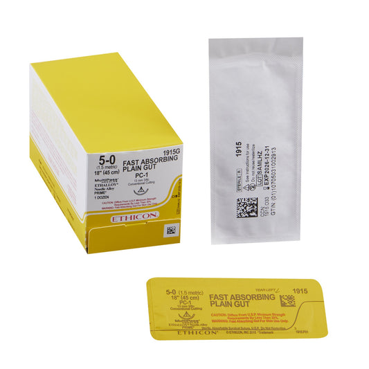 Absorbable Suture with Needle Fast Absorbing Gut Plain Gut PC-1 3/8 Circle Precision Conventional Cutting Needle Size 5-0 - 1915G