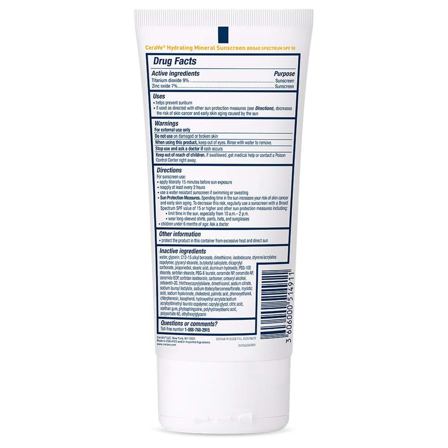 Sunscreen CeraVe® Hydrating Mineral Sunscreen SPF 50 Lotion 5 oz. Tube 60600051491