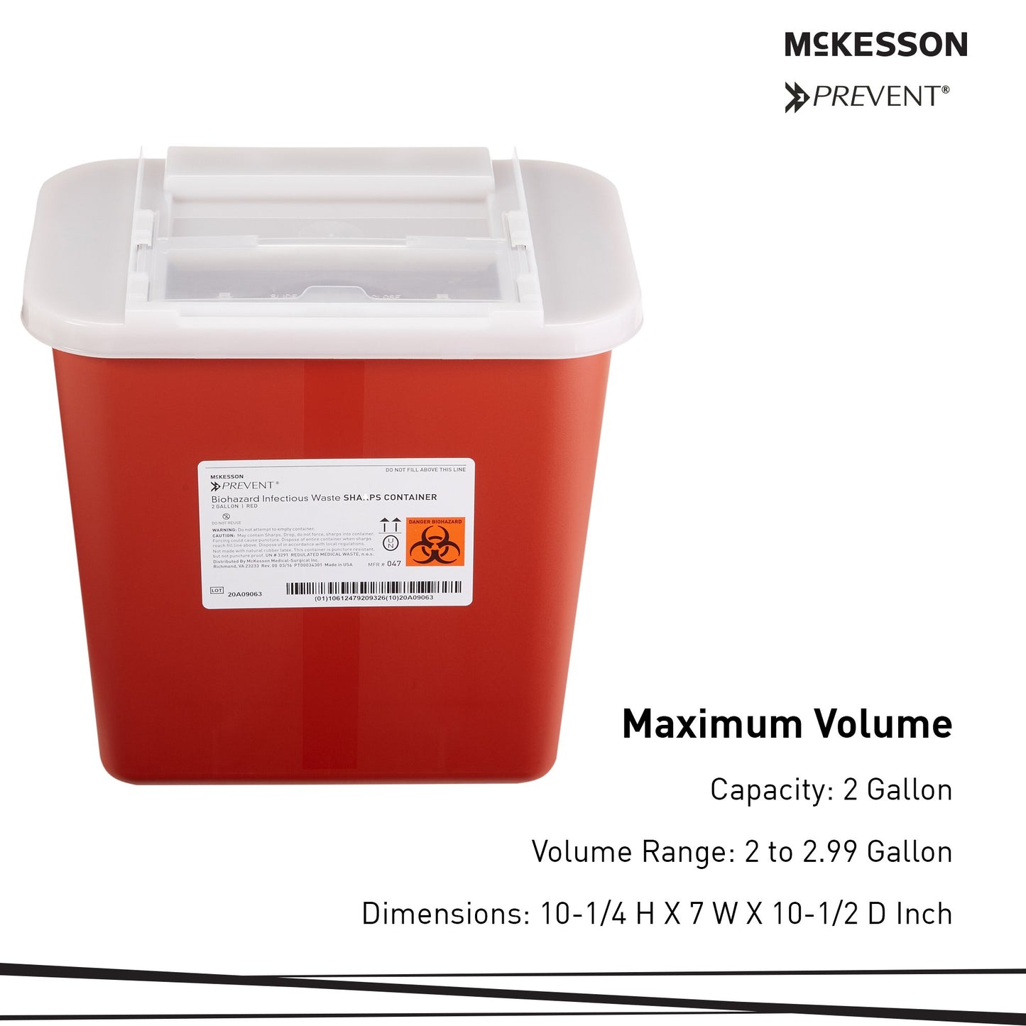 McKesson Prevent® Sharps Container, 2 Gallon, 10-1/4 x 7 x 10-1/2 Inch 047