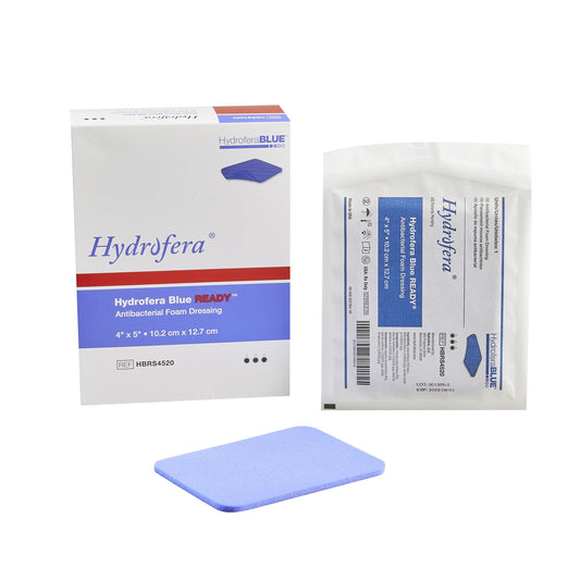 Antibacterial Foam Dressing Hydrofera BLUE® READY 4 X 5 Inch Without Border Waterproof Film Backing Nonadhesive Rectangle Sterile - HBRS4520