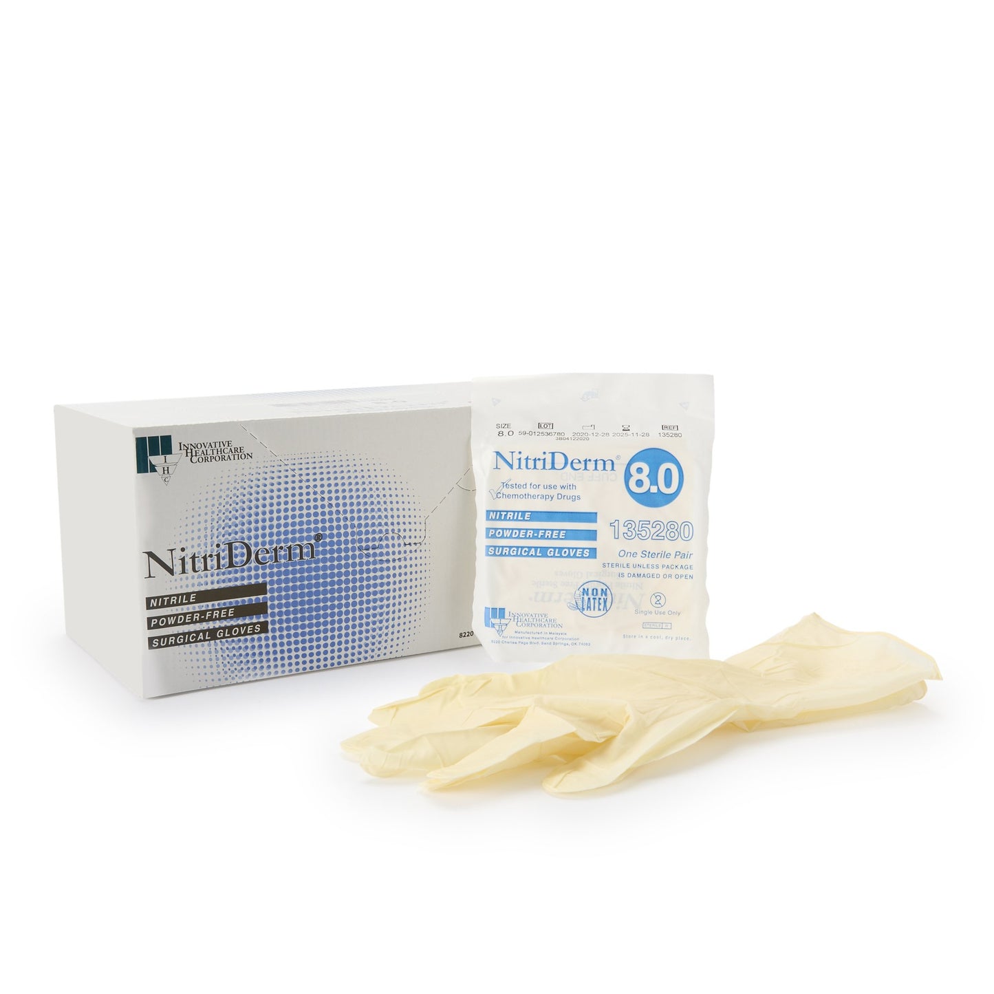 Surgical Glove NitriDerm® Size 8 Sterile Nitrile Standard Cuff Length Fully Textured White Chemo Tested - 135280