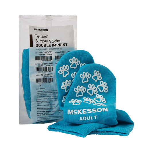 Slipper Socks McKesson Terries™ Unisex Adult One Size Fits Most Double Tread Single Patient Use Teal - 40-3828-001