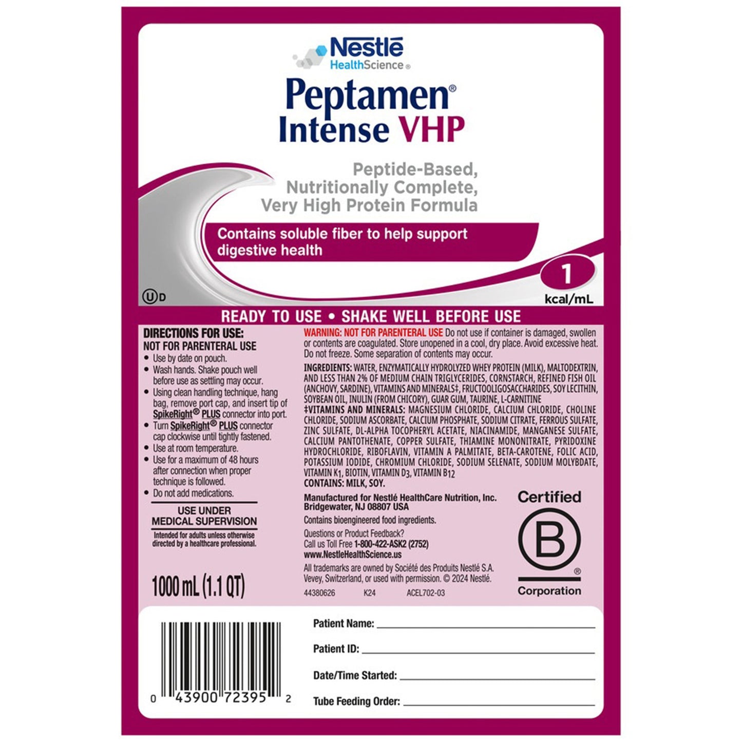 Peptamen® Intense VHP Tube Feeding Peptide-Based Formula, 33.8 oz. UltraPak® Bag 00043900493220