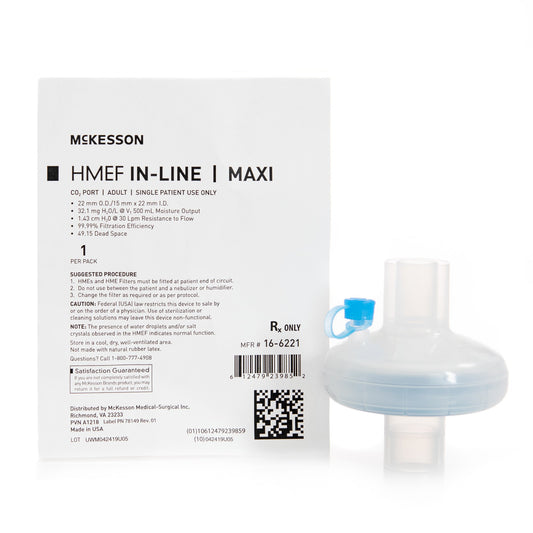 Heat and Moisture Exchanger with Filter McKesson 32.1 mg H₂O/L @ VT 500 mL 1.43 cm H₂O @ 30 LPM - 16-6221