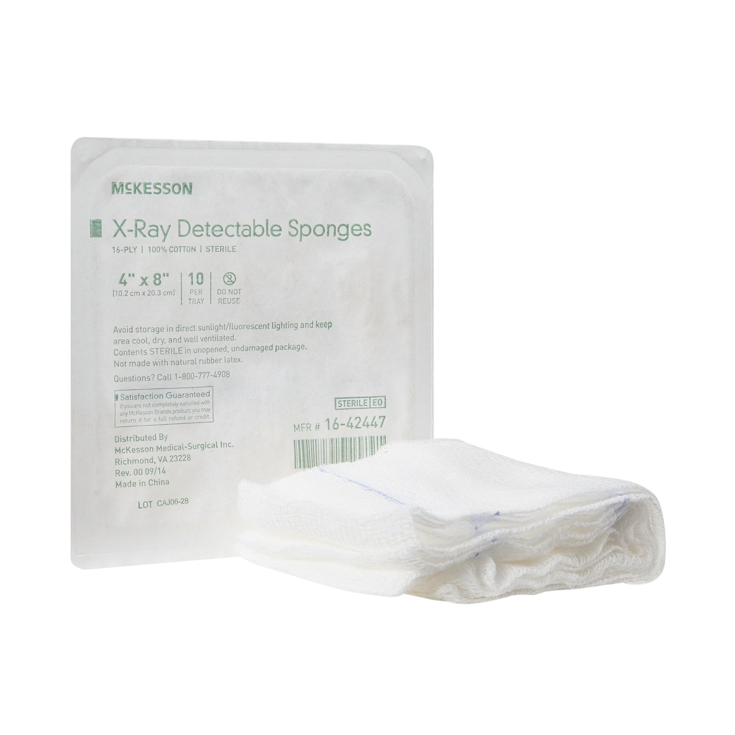 Gauze Sponge McKesson 4 X 8 Inch 16-Ply Sterile X-Ray Detectable 10 per Tray - 16-42447