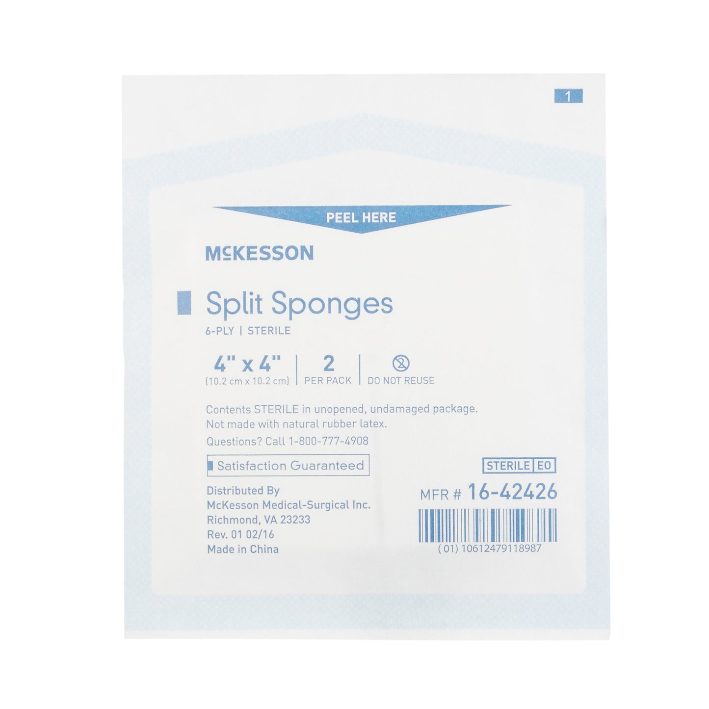 McKesson IV/Drain Split Dressing, 4 x 4 Inch, 6-Ply 16-42426