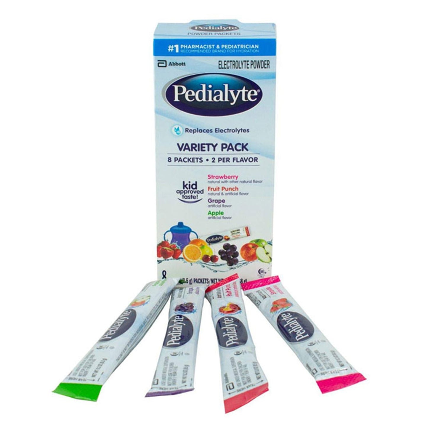 Oral Electrolyte Solution Pedialyte® Powder Packs Fruit Punch / Grape / Apple / Strawberry Flavor 0.3 oz. Electrolyte - 56090