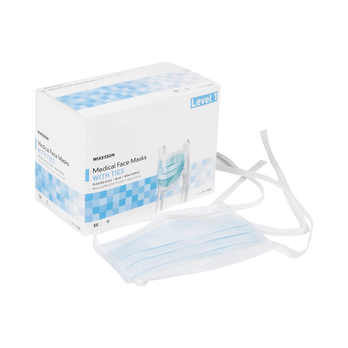 Surgical Mask McKesson Pleated Tie Closure One Size Fits Most Blue NonSterile ASTM Level 1 Adult - 91-1000