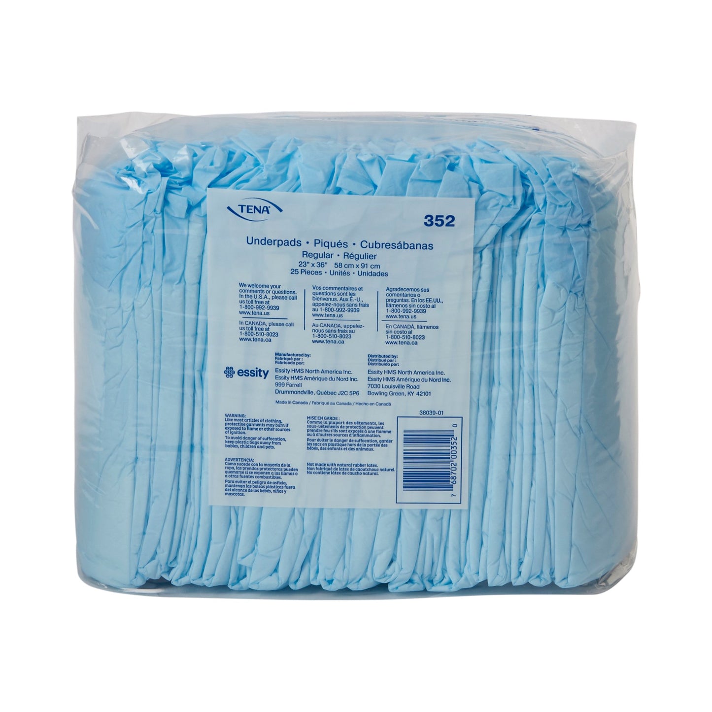 Tena® Regular Underpads, Light Absorbency, Blue, Disposable, 23 x 36 Inch 352