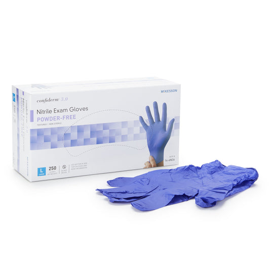 Exam Glove McKesson Confiderm® 3.0 Large NonSterile Nitrile Standard Cuff Length Textured Fingertips Blue Not Rated - 14-6N36
