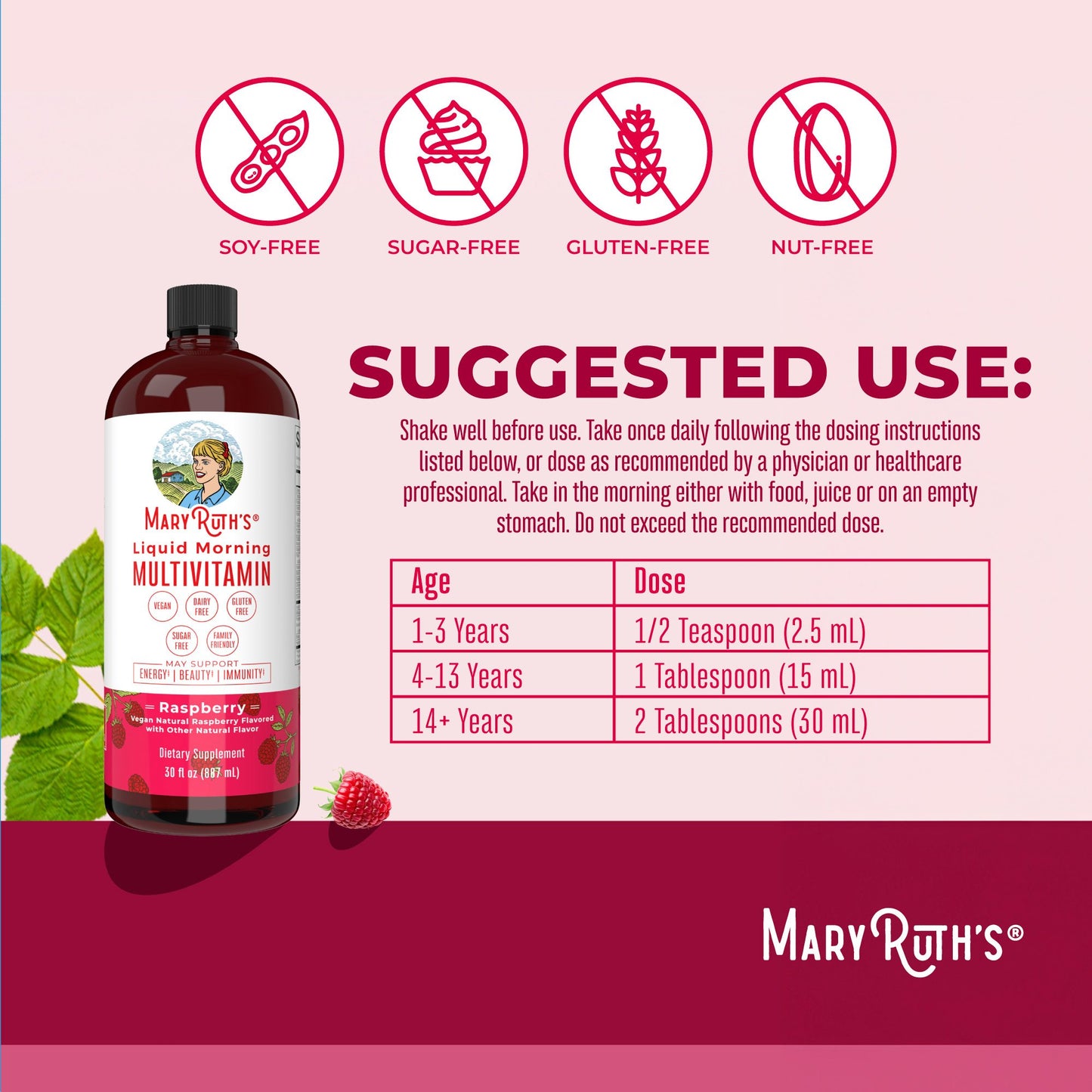 Mary Ruth's™ Liquid Morning Multivitamin, Raspberry Flavor, 30-ounce Bottle BL-AD-MLT-CV-PSF-30Z-UN-01
