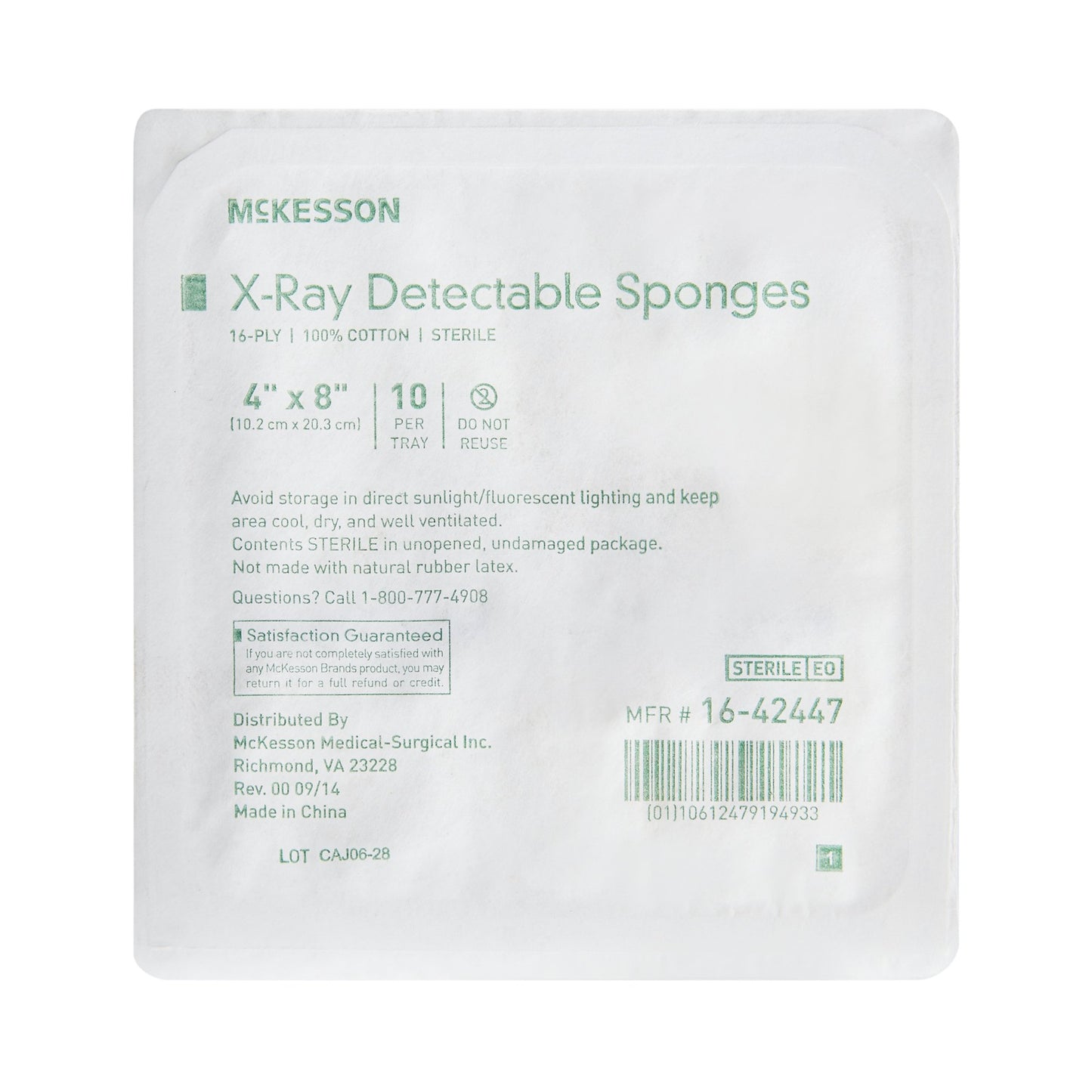 McKesson Sterile X-ray Detectable Gauze Sponge, 4 x 8 Inch, 16-Ply 16-42447