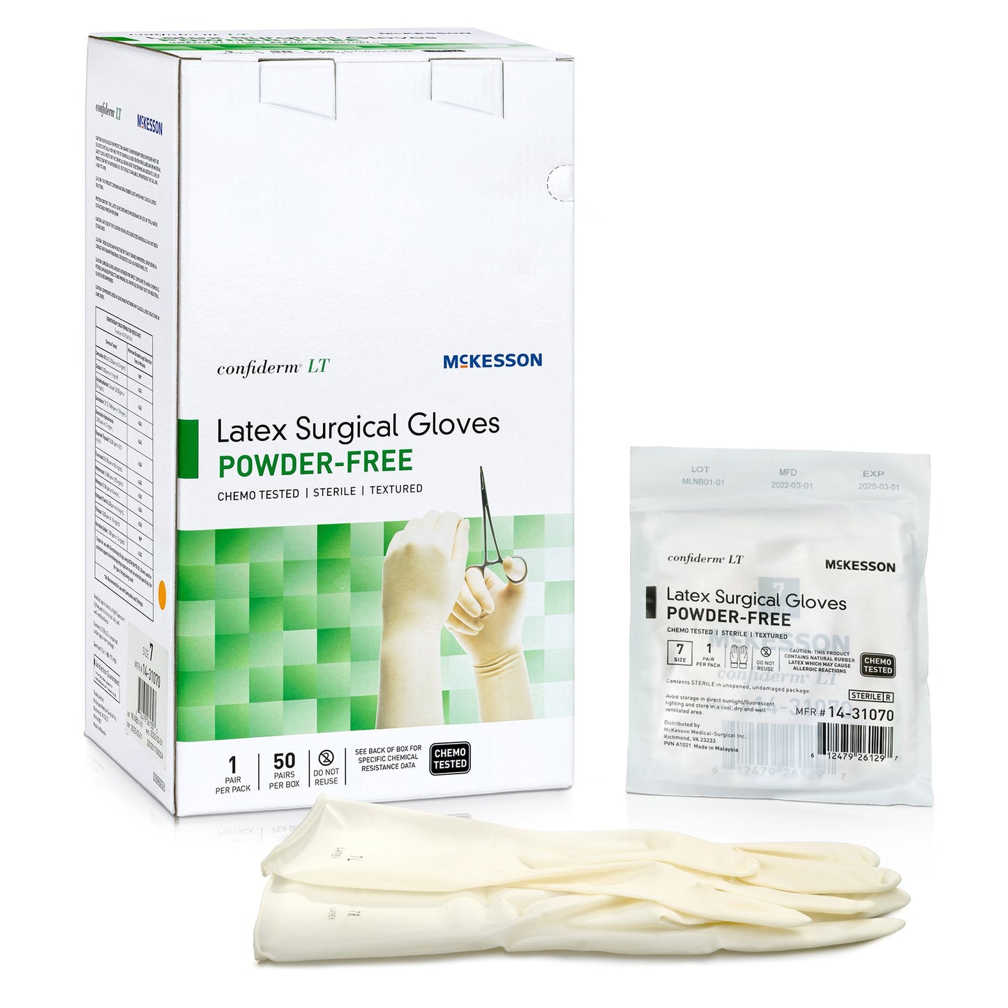 Surgical Glove Confiderm® LT Size 7 Sterile Latex Standard Cuff Length Fully Textured Ivory Chemo Tested - 14-31070