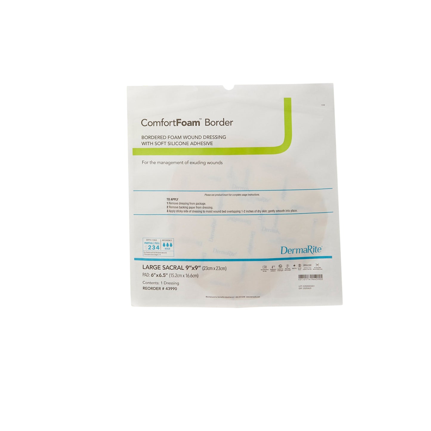 ComfortFoam™ Bordered Foam Wound Dressing w/ Soft Silicone Adhesive, 9 x 9 Inch 43990