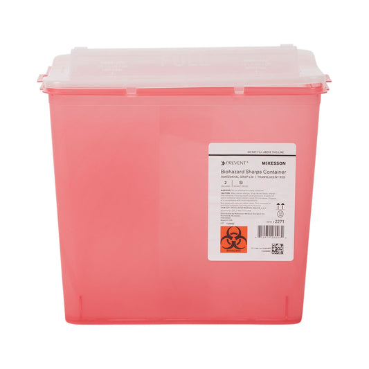 Sharps Container McKesson Prevent® Translucent Red Base 9-1/4 H X 10 W X 6 D Inch Horizontal Entry 2 Gallon - 2271