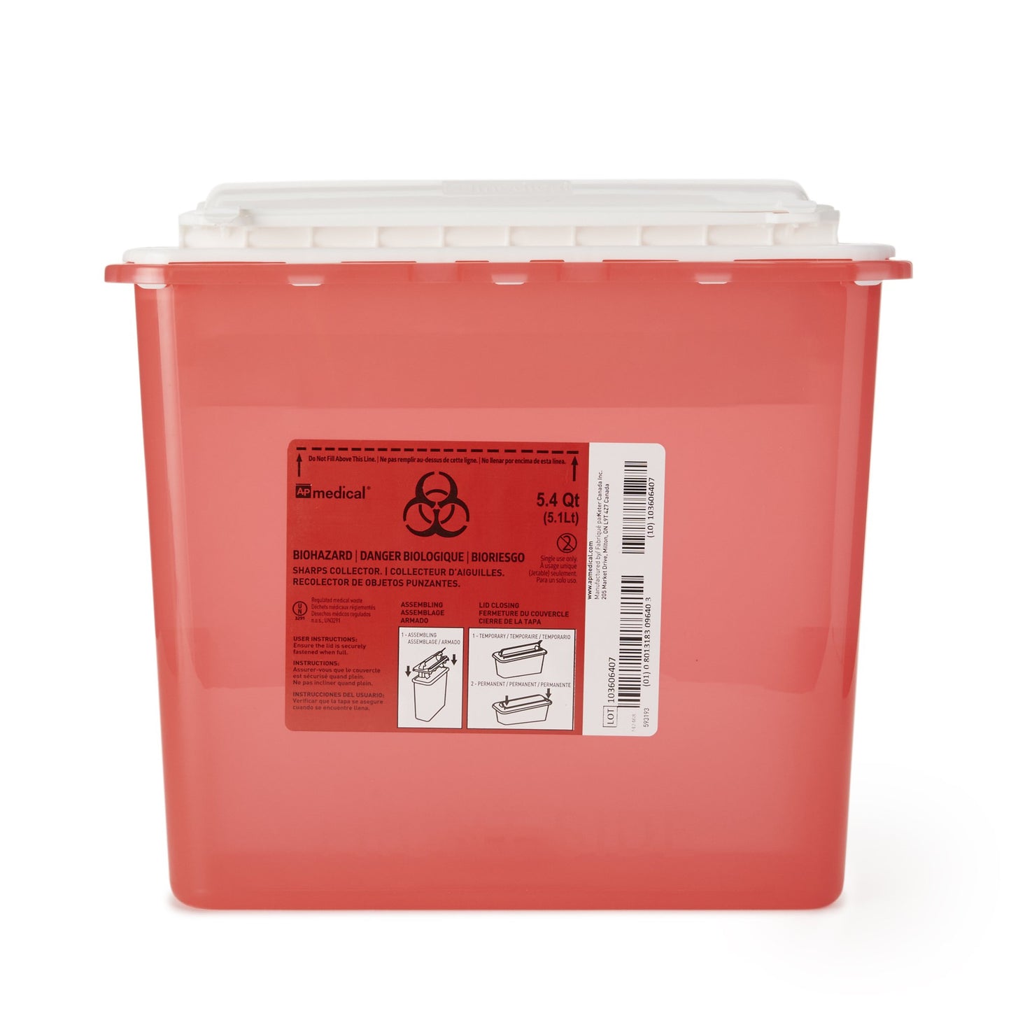AP Line Biohazard Waste Container, 5.4 Quart, 12 x 4½ x 10-4/5 Inch FGAP5Q4RC001