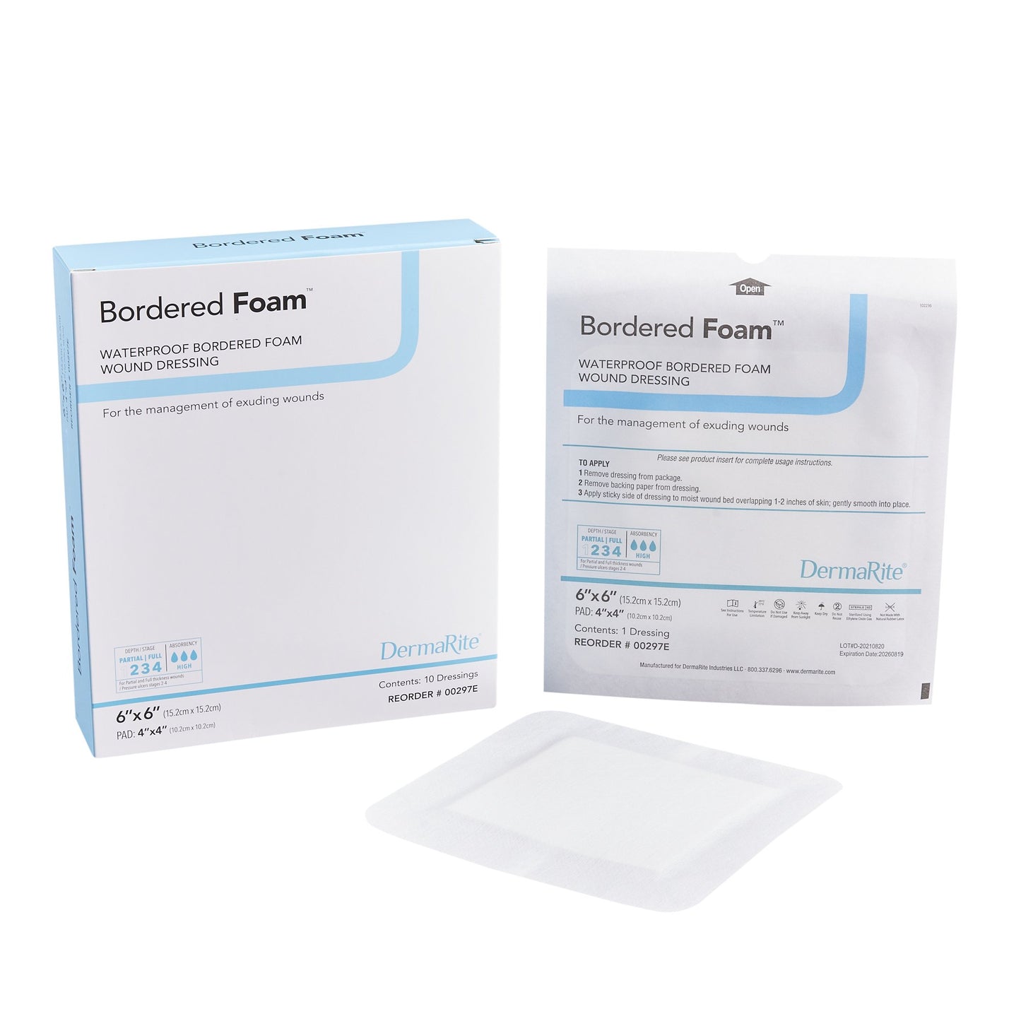 Foam Dressing BorderedFoam® 6 X 6 Inch With Border Waterproof Backing Nonacrylic Adhesive Square Sterile - 00297E