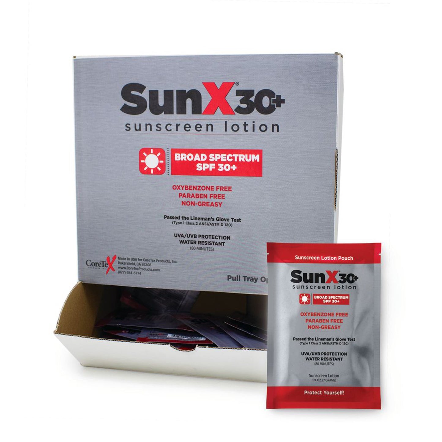 Coretex Products SunX SPF 30+ Sunscreen with Dispenser Box, Individual Packet 71430, Case of 200