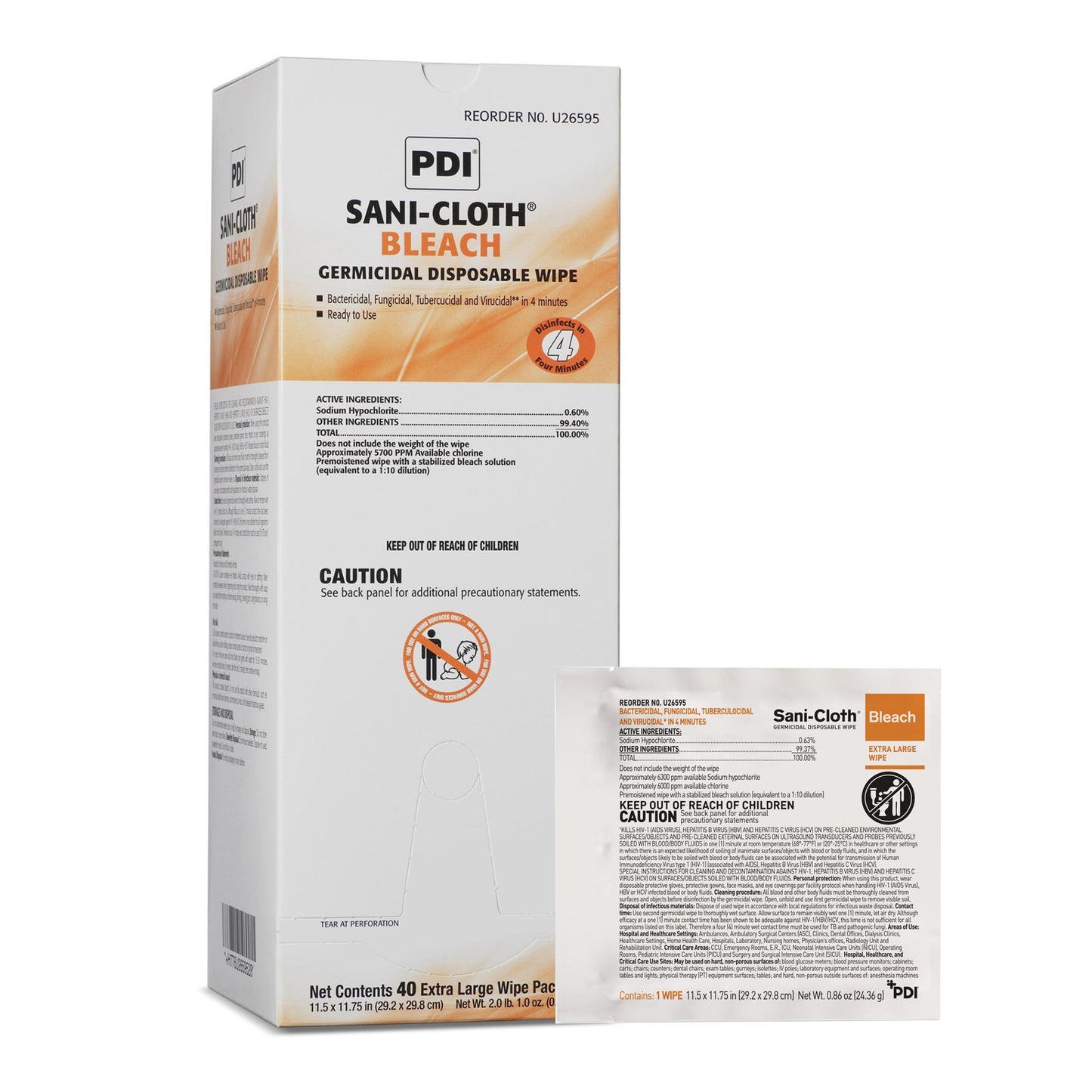 Sani-Cloth® Surface Disinfectant Cleaner Bleach Wipe, 11.5 x 11.75 Inch U26595