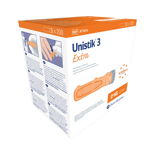 Safety Lancet Unistik 3 21 Gauge Retractable Push Button Activation Finger - AT 1014