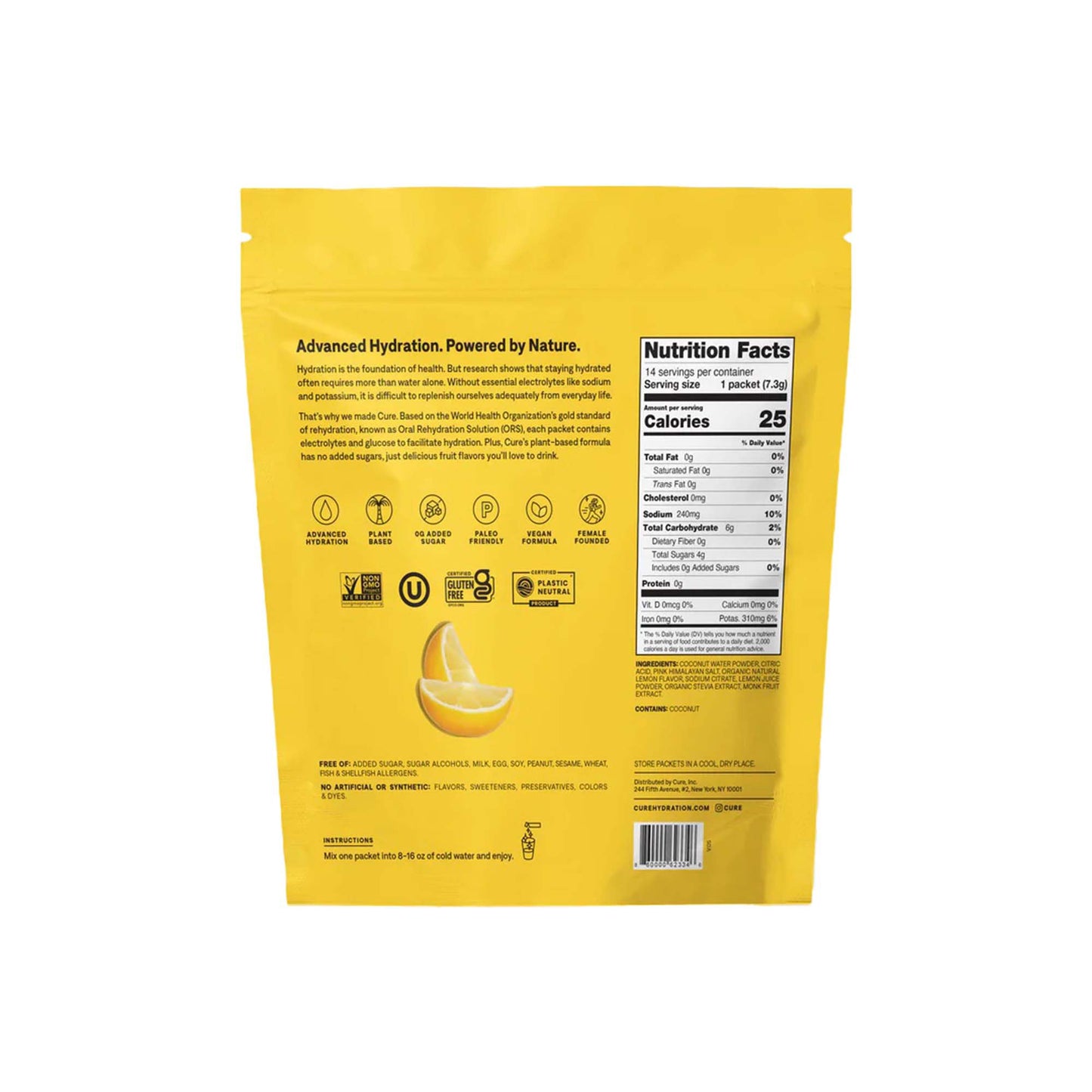 Cure Electrolyte Drink Mix made with Coconut Water, Lemonade, 7.7-gram Packets HM1001