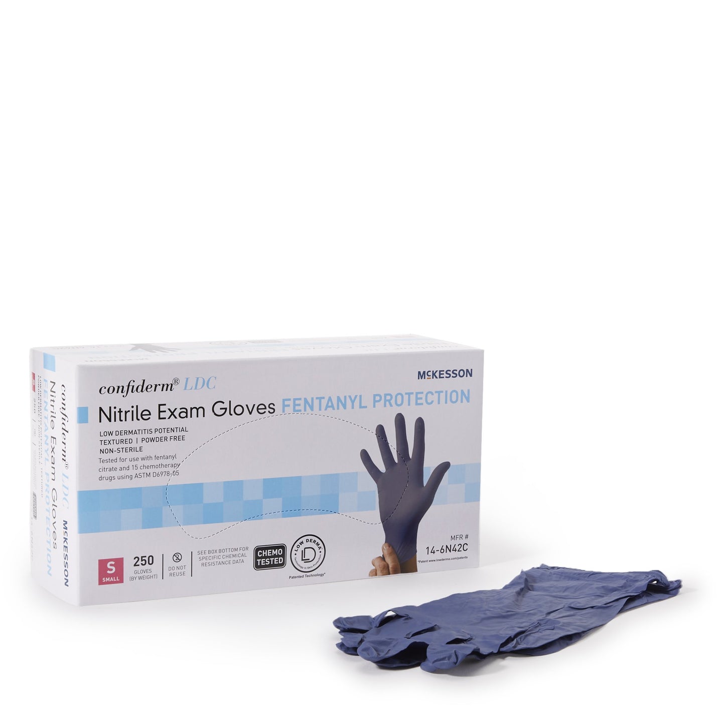 Exam Glove McKesson Confiderm® LDC Small NonSterile Nitrile Standard Cuff Length Fully Textured Blue Chemo Tested / Fentanyl Tested - 14-6N42C