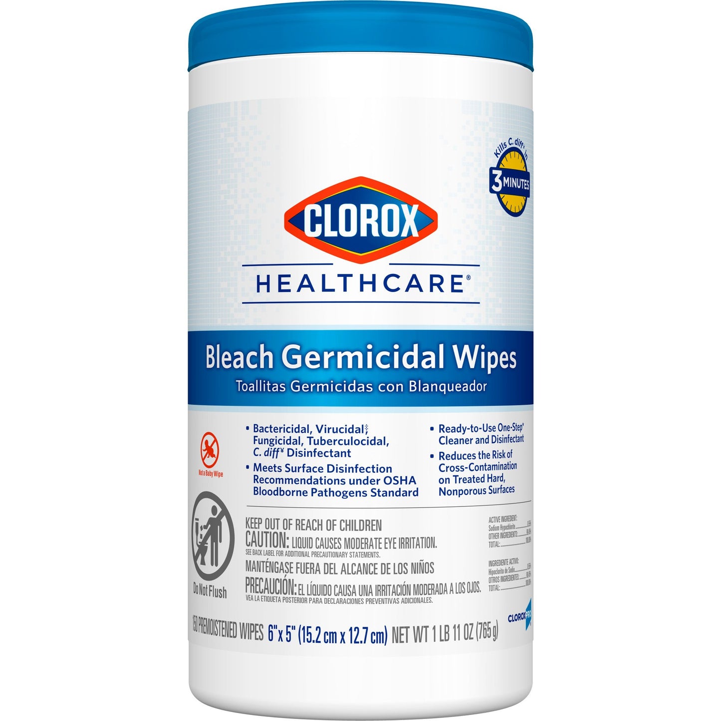 Clorox Healthcare® Bleach Germicidal Wipes, Canister, 150 ct. 30577