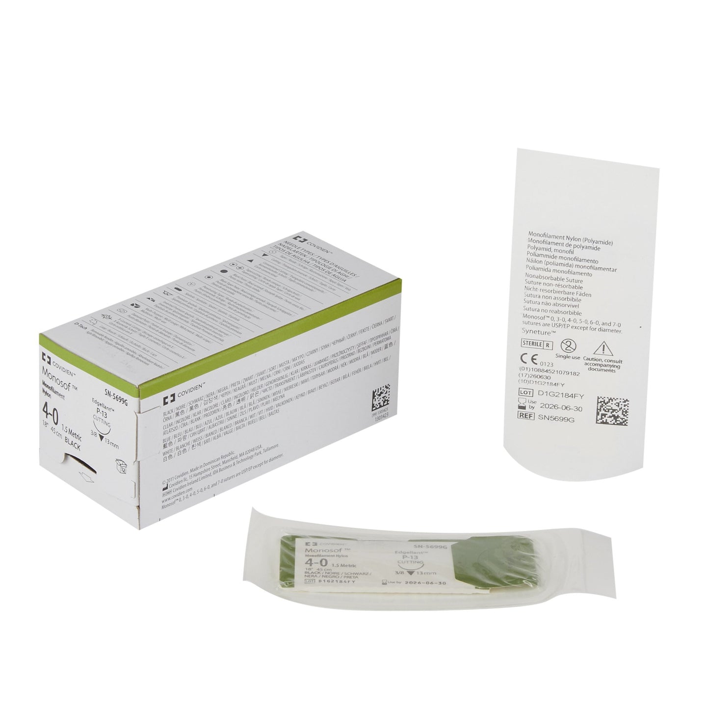 Covidien Monosof Dermalon Suture with Needle, Black, Size 4-0 SN-5699G, Box of 12