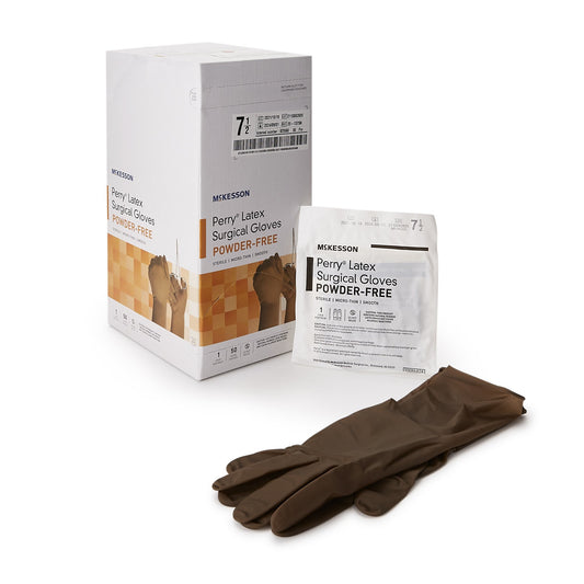 Surgical Glove McKesson Perry® Size 7.5 Sterile Latex Standard Cuff Length Smooth Brown Not Chemo Approved - 20-1375N