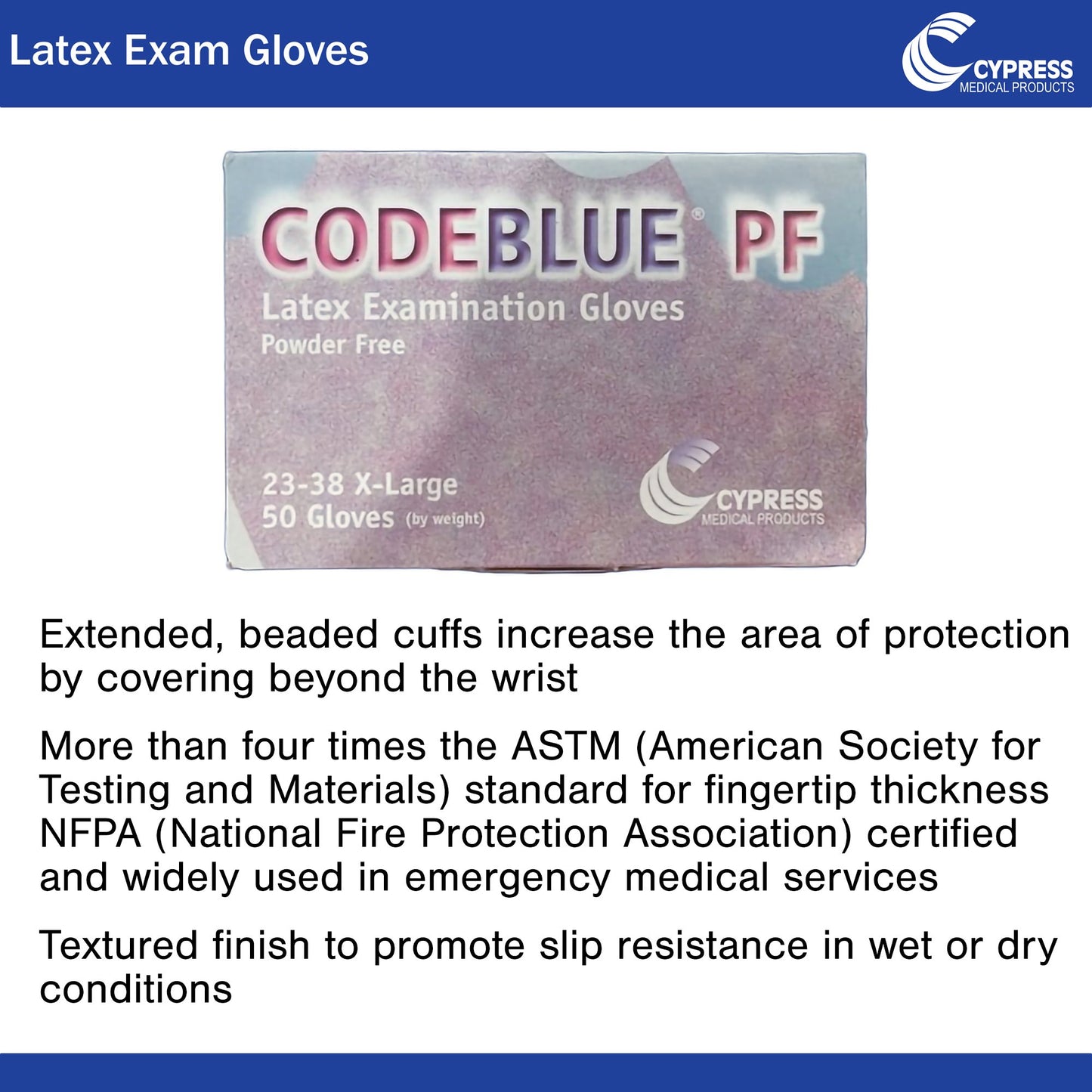 CodeBlue® PF Latex Extended Cuff Length Exam Glove, Extra Large, Blue 23-38