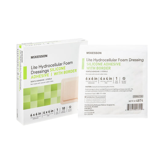 Thin Foam Dressing McKesson Lite 6 X 6 Inch With Border Film Backing Silicone Gel Adhesive Square Sterile - 4874