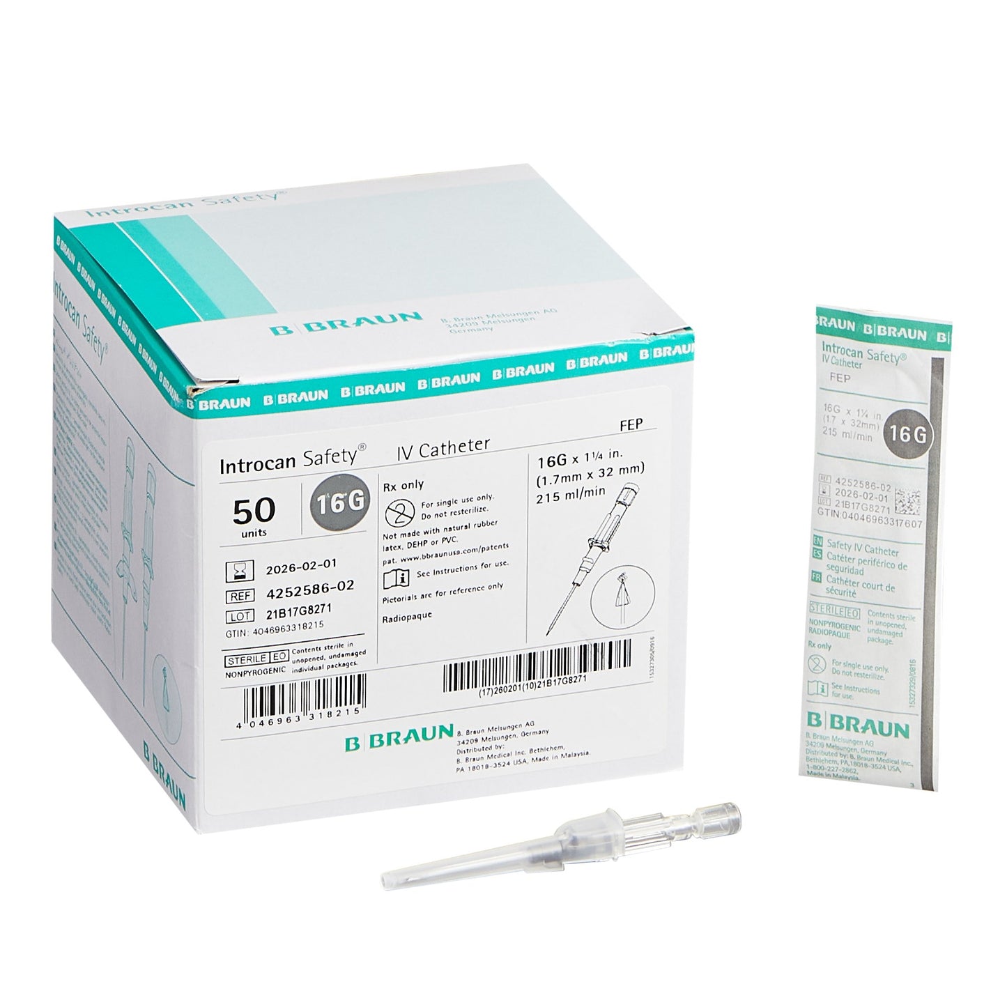 Peripheral IV Catheter Introcan Safety® 16 Gauge 1-1/4 Inch FEP Polymer Straight Hub Non Blood Control Passive Safety - 4252586-02