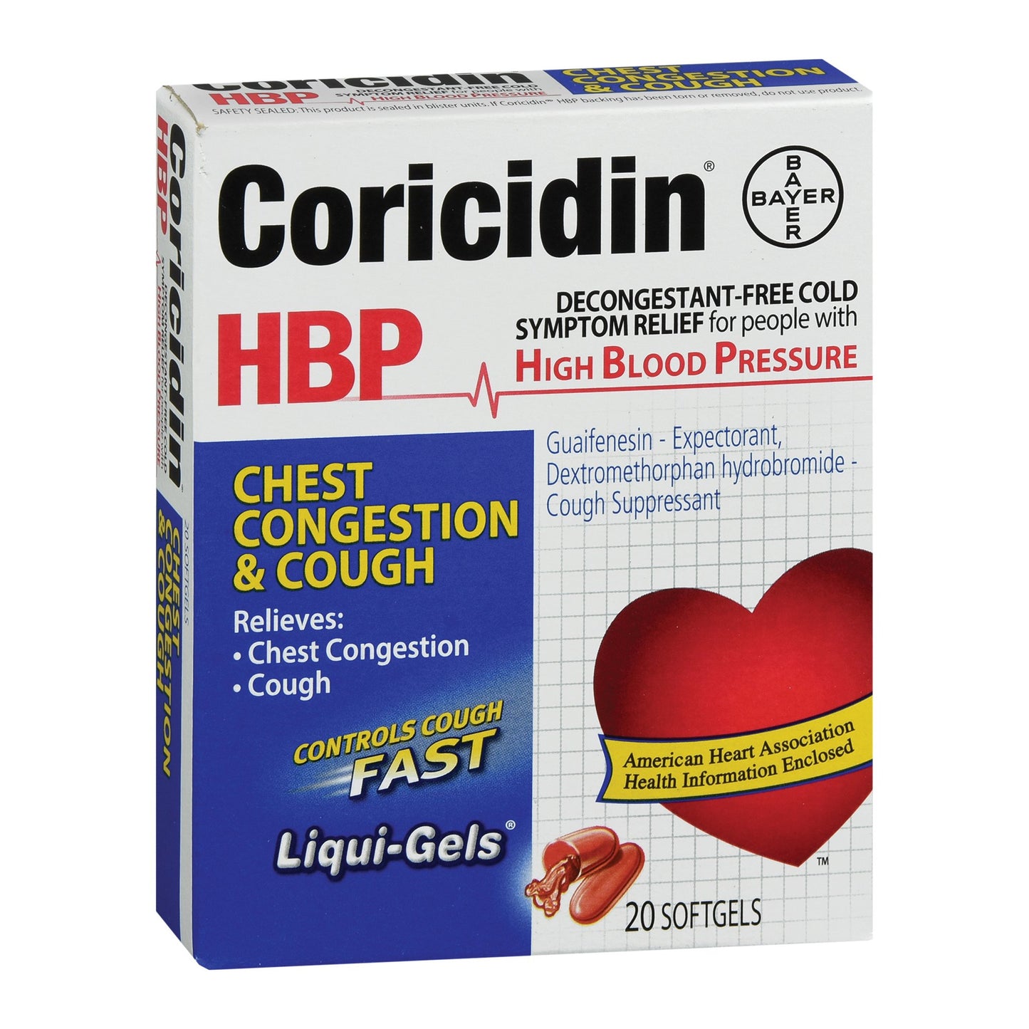 Cold and Cough Relief Coricidin® HBP Chest Congestion & Cough 200 mg - 10 mg Strength Softgel 20 per Bottle - 11523715802