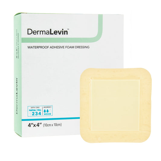 Foam Dressing DermaLevin® 4 X 4 Inch With Border Waterproof Backing Hydrocolloid Adhesive Square Sterile - 00280E