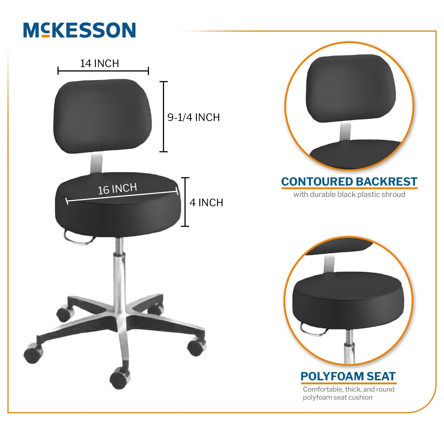 McKesson Pneumatic Exam Stool, Black, with Backrest 81-11001BUS393