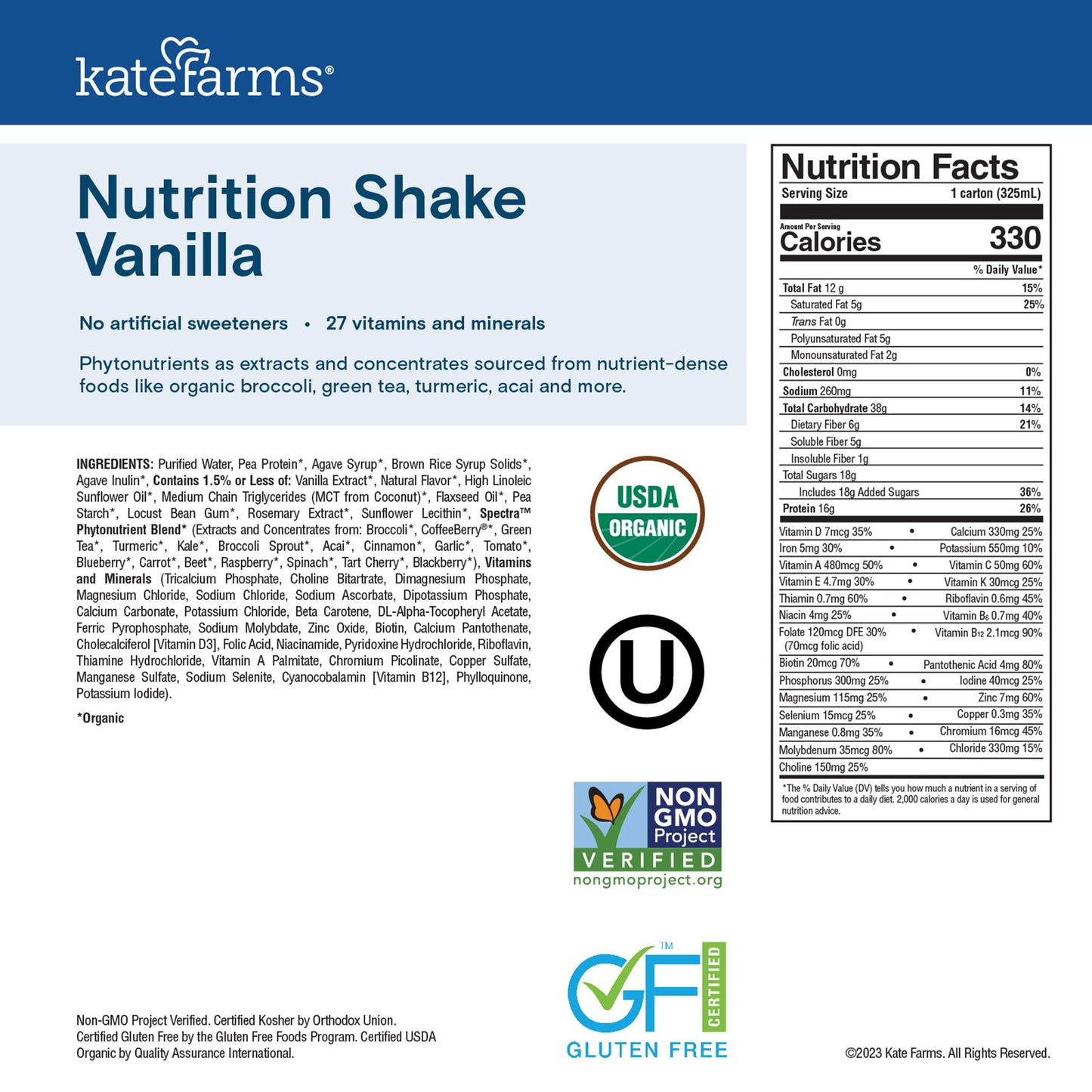 Kate Farms® Nutrition Shake, Vanilla, 11-ounce carton 811112030591