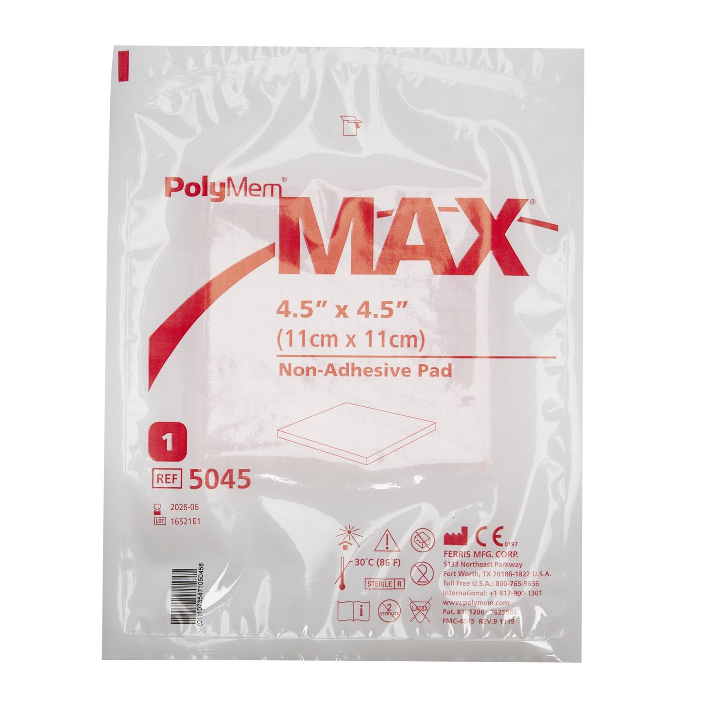 PolyMem® Max® Nonadhesive without Border Foam Dressing, 4½ x 4½ Inch 5045