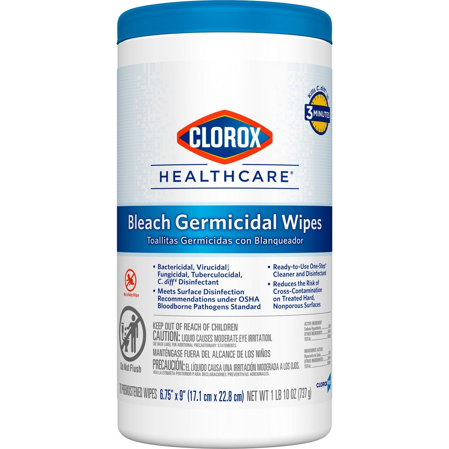 Clorox Healthcare® Bleach Germicidal Wipes, Canister, 70 ct. 35309