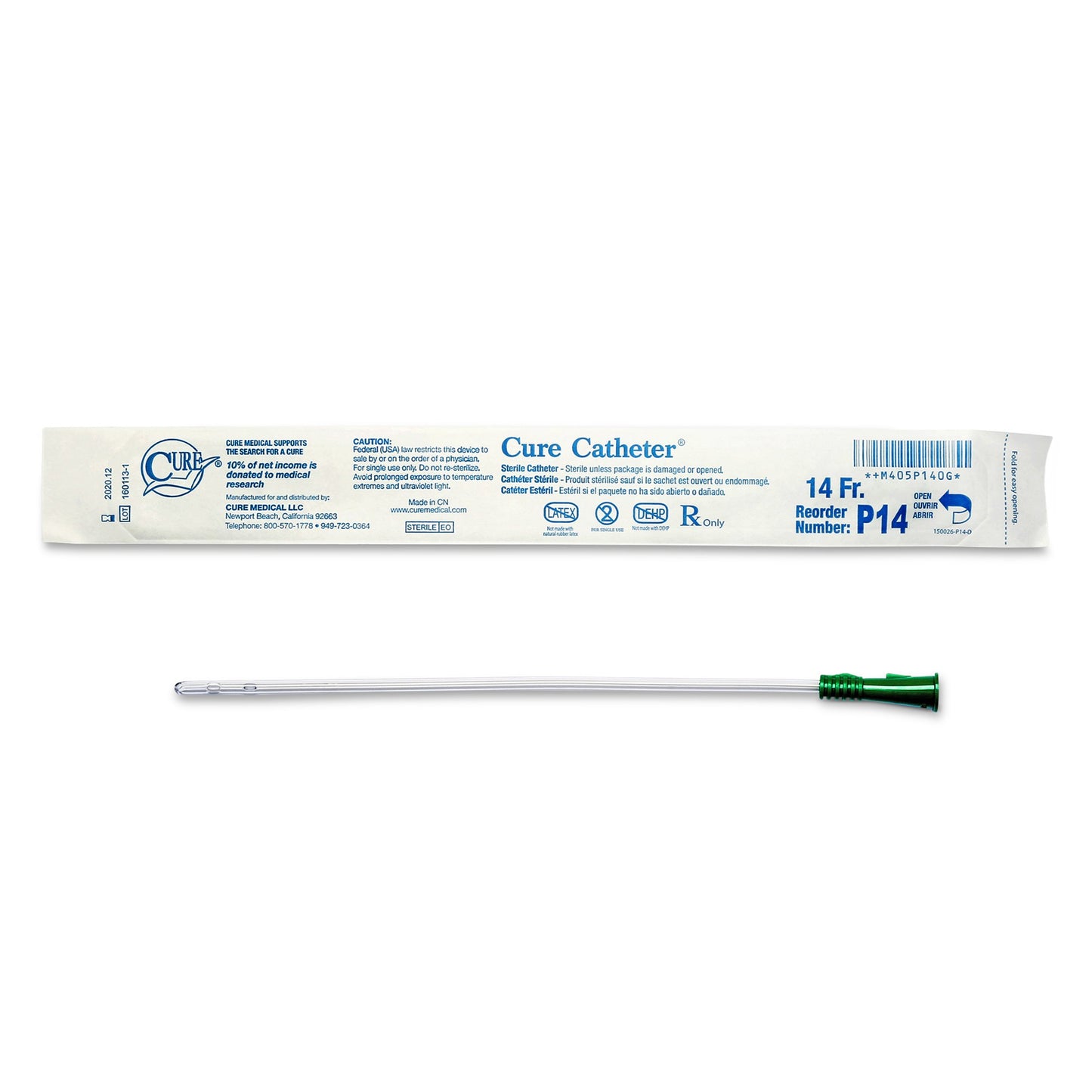 Cure Medical Cure Catheter Urethral Catheter, 14 Fr., Unisex, Straight P14, Case of 300