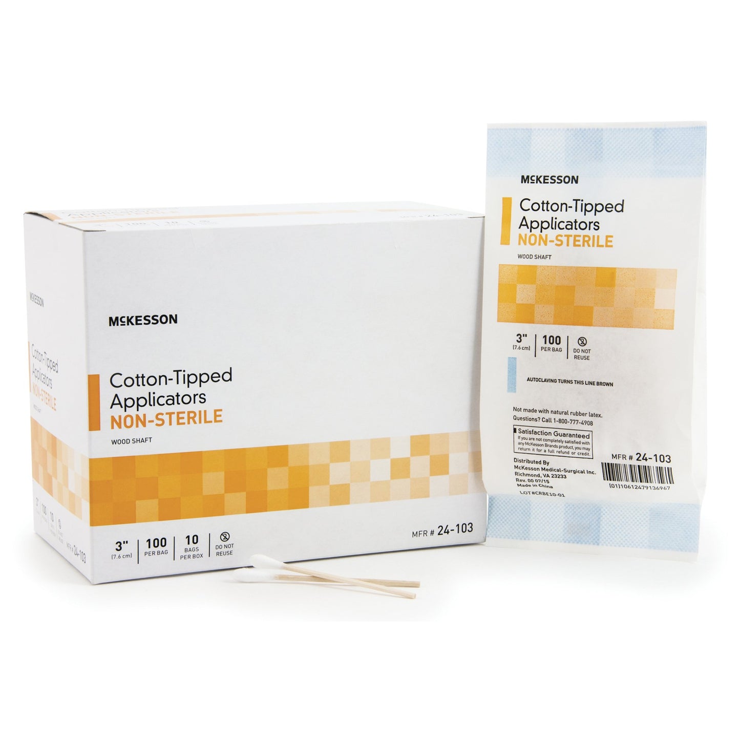 Swabstick McKesson Cotton Tip Wood Shaft 3 Inch NonSterile 100 per Pack - 24-103