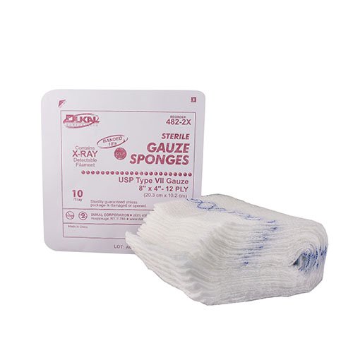 Gauze Sponge Dukal™ 4 X 8 Inch 12-Ply Sterile X-Ray Detectable 10 per Pack - 482-2X
