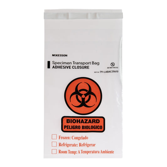 Specimen Transport Bag with Document Pouch McKesson 6 X 10 Inch Adhesive Closure Biohazard Symbol / Storage Instructions NonSterile - 79-LABAC20610