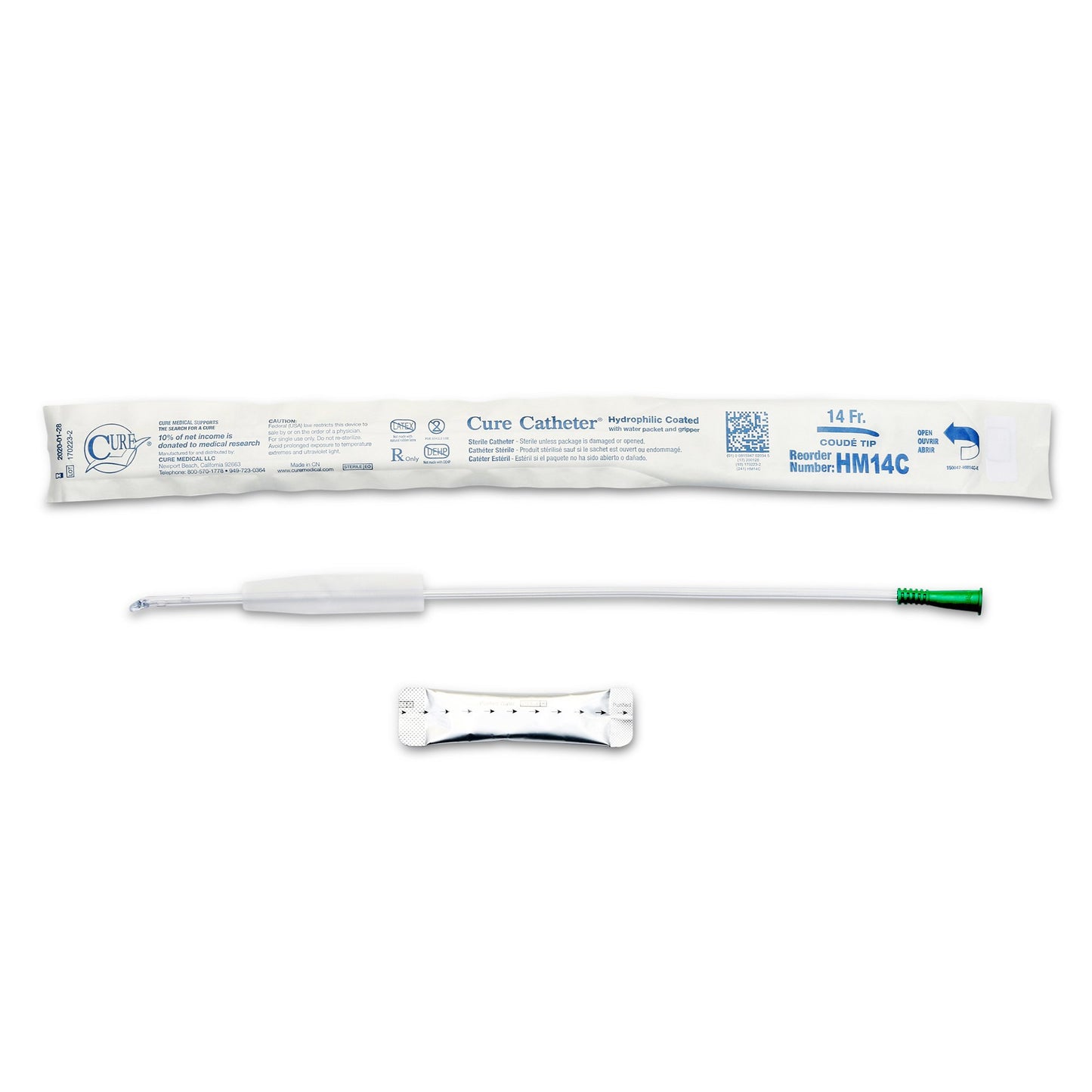 Urethral Catheter Hydrophilic Cure Catheter® Coude Tip Hydrophilic Coated Plastic 14 Fr. 16 Inch - HM14C