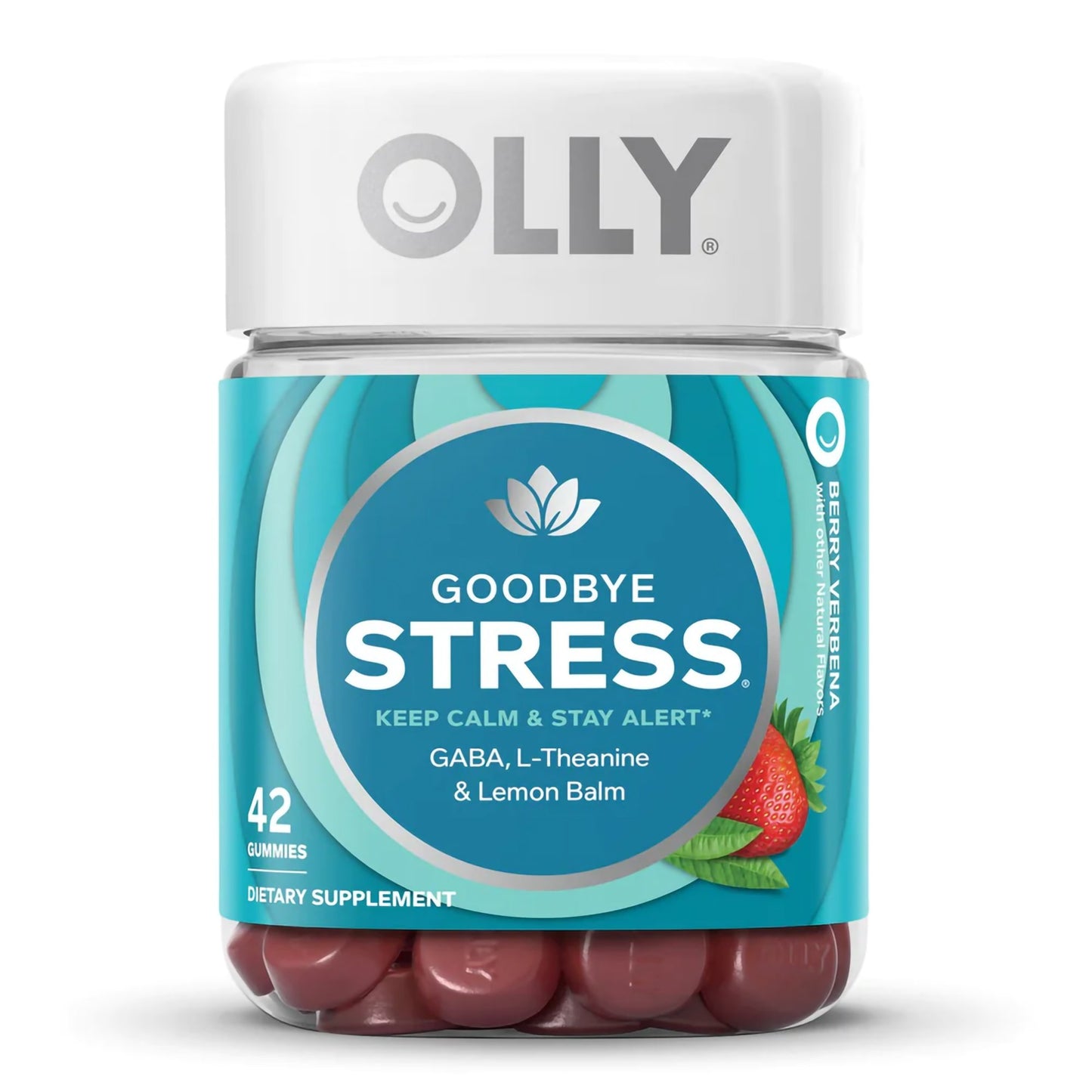 Dietary Supplement OLLY® Goodbye Stress® GABA / L-Theanine / Lemon Balm Extract 100 mg - 50 mg - 75 mg Strength Gummy 42 per Bottle Berry Verbena Flav