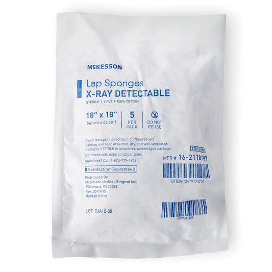 Surgical Laparotomy Sponge McKesson X-Ray Detectable Cotton 18 X 18 Inch 5 Count Soft Pack Sterile - 16-2118181