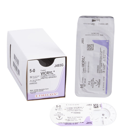 Absorbable Suture with Needle Coated Vicryl™ Polyglactin 910 P-3 3/8 Circle Precision Reverse Cutting Needle Size 5-0 Braided - J493G